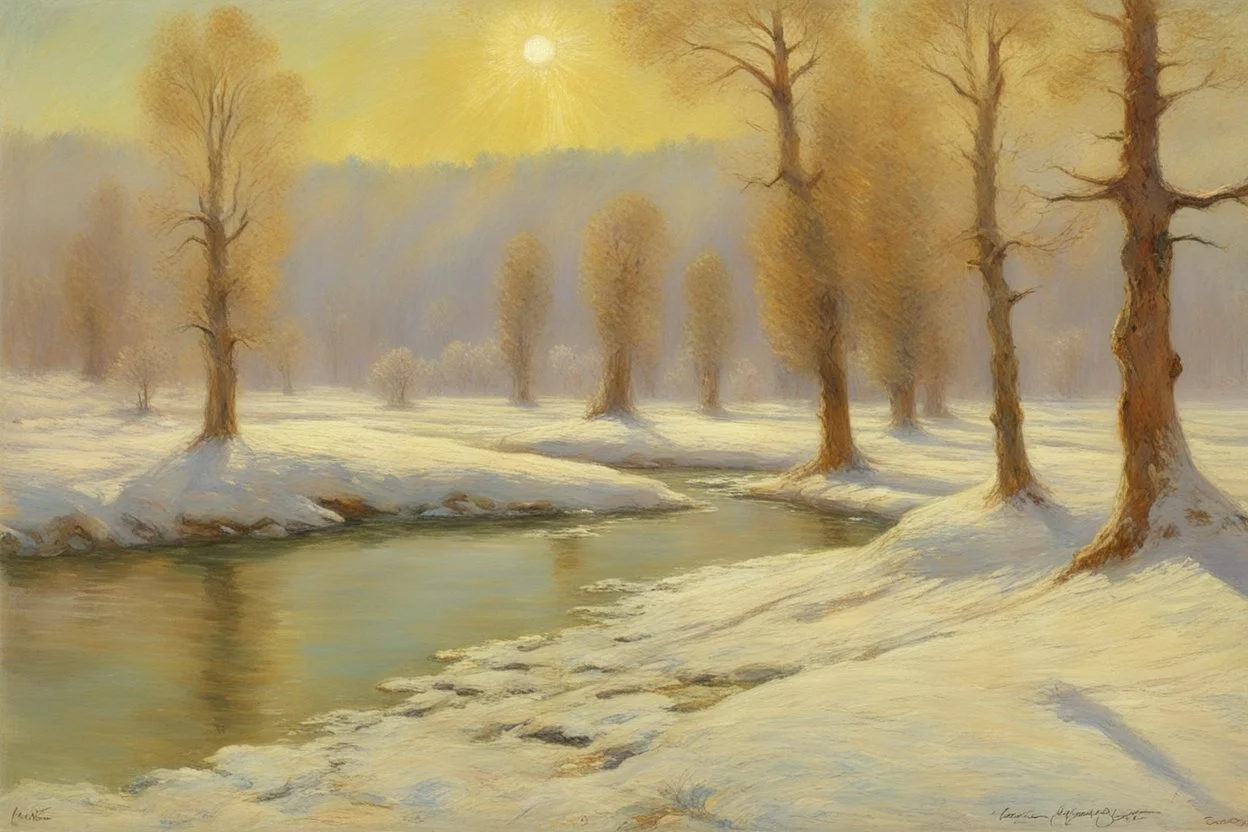 sunny day, ice age movies influence, rocks, trees, gothic, winter, trascendent influence, very epic, concept art, emile claus and auguste oleffe impressionism painting