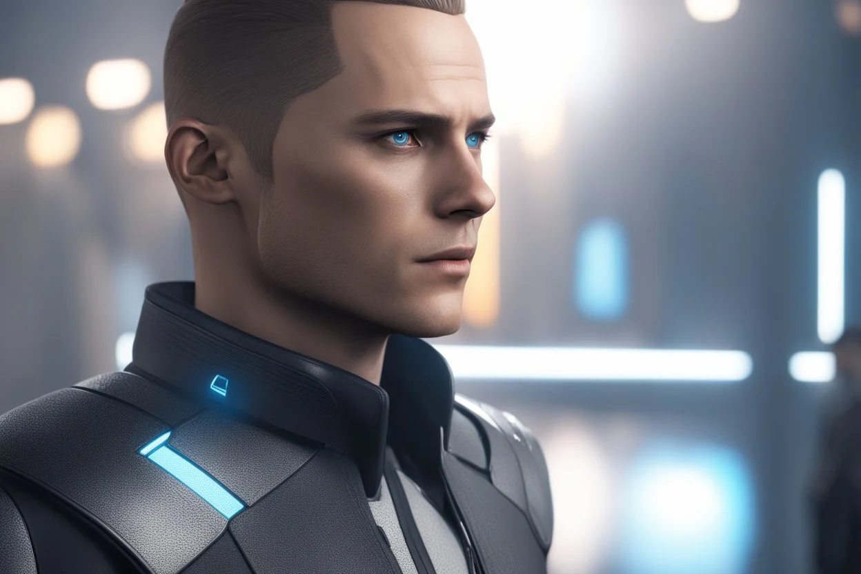 Markus in 8k anime cgi artstyle, Detroit become human them, normal eyes, close picture, neon effect, rain, apocalypse, intricate details, highly detailed, high details, detailed portrait, masterpiece,ultra detailed, ultra quality