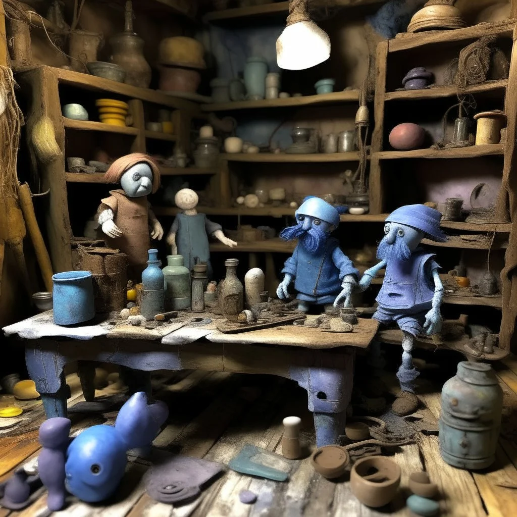 A pale purplish periwinkle haunted rotting toy workshop designed in Mehdi design painted by Gustave Courbet