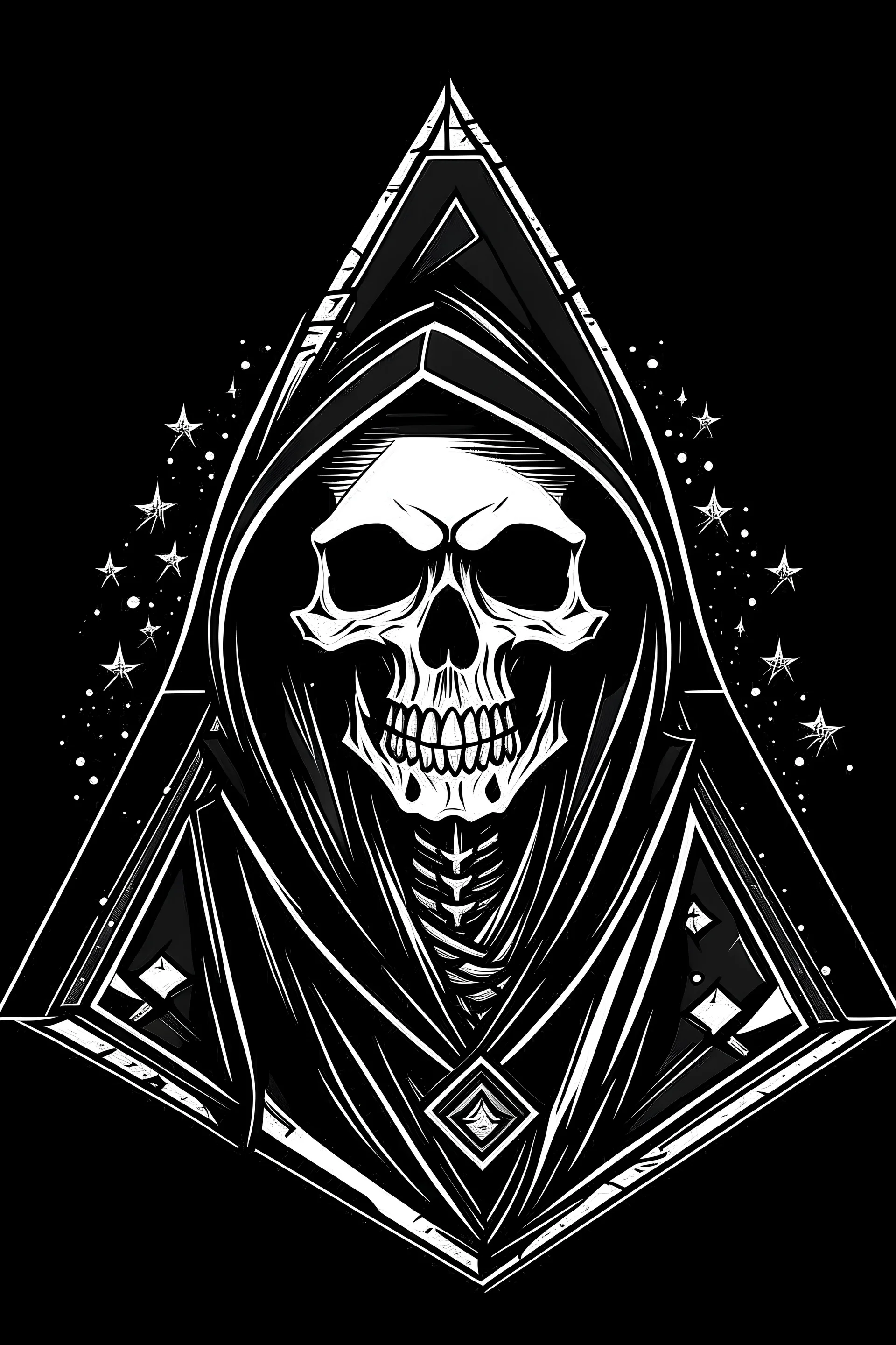 finko skeleton in a black hooded cloak drawn in a retro mascot cartoon style, inside a light diamond shape on a black background, monochromatic