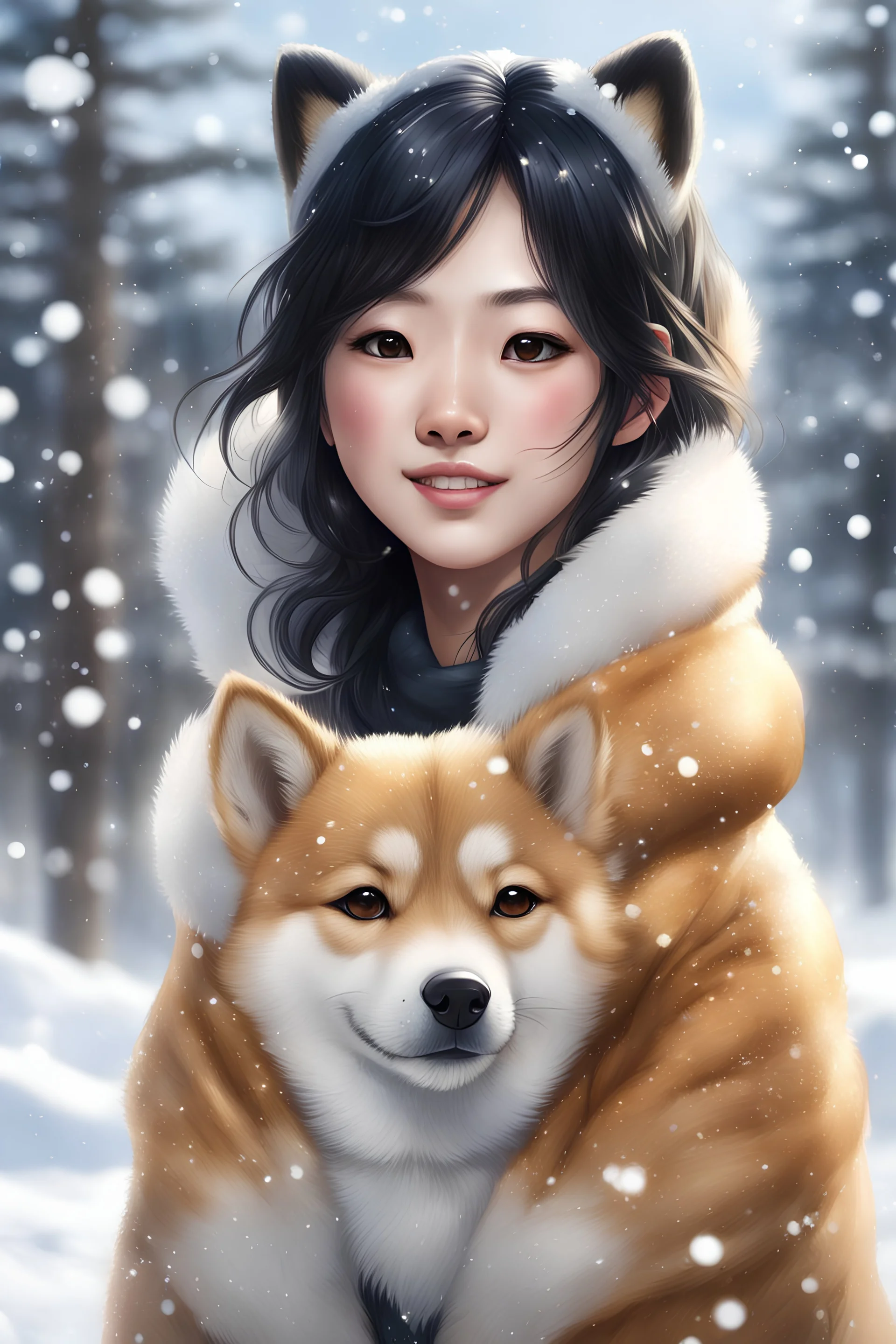 121802828, a pretty japanese woman withnblack hair, in her late 20s, golden shiba dog, winter, snow, we see her face, crystal, happy, digital art, 4k