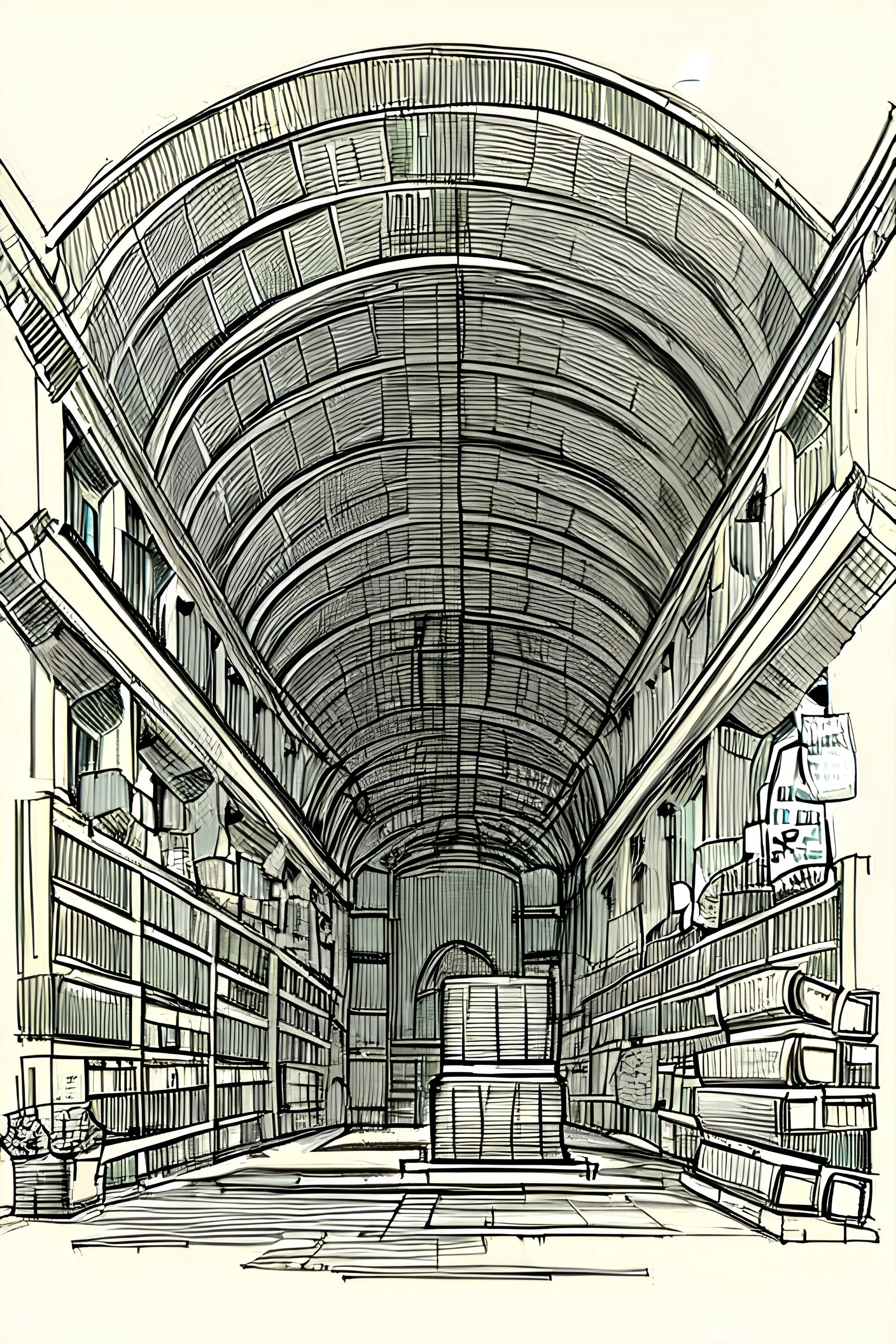 sketch drawing of a barn, tombstone, and some books
