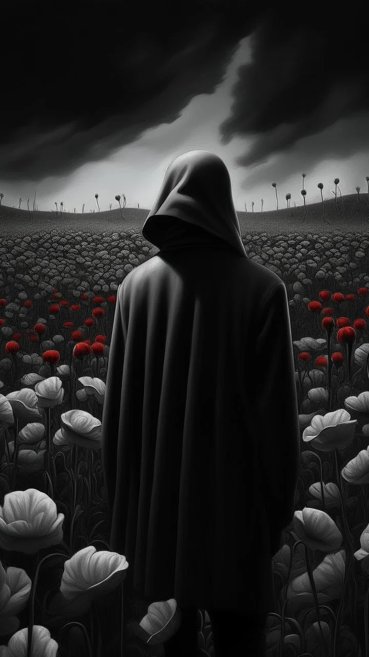 Bosch nightmares paining style Title:a field of poppies all colored in black and white, a hooded man in the dark standing in the middle , 8k artistic photography, photorealistic concept art, soft natural volumetric cinematic perfect light, chiaroscuro, award-winning photograph, masterpiece, oil on canvas, Raphael, Caravaggio, Greg Rutkowski, people, beksinski, Giger