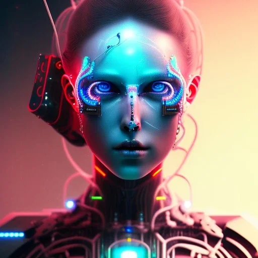 singer Danish MØ face, lumen lighting, led lights, <hanging wires> many wires connected to the head<perfect pupil> <cyborg> <garage> <sci-fi futuristic>