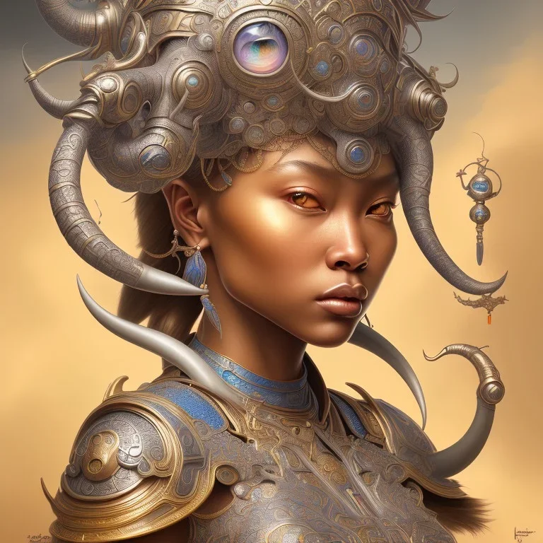 Sango fantasy, fantasy magic, intricate, sharp focus, illustration, highly detailed, digital painting, concept art, matte, art germ and Paul Lewin and Kehinde Wiley, masterpiece silver elephant head bronze Buddha Asian African girl nice breast Hawaiian hair turquoise golden waves