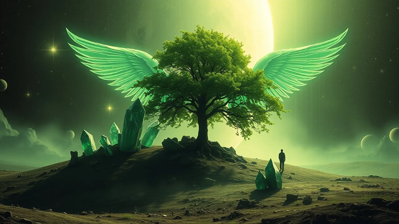 matrix universe, space, planets, god creation, angels from other dimensions with beautiful wings, trees on the planet, behind green crystals of light, few tiberium monolith deposits on the planet near tree,