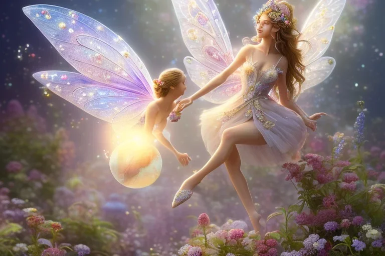 one very little beautiful fairy above one big crystal subtle flower in a galactic ambiance, transparent petals, delicate colors, in the foreground, full of details, smooth, bright sunshine，soft light atmosphere, light effect，vaporwave colorful, concept art, smooth, extremely sharp detail, finely tuned detail, ultra high definition, 8 k, unreal engine 5, ultra sharp focus