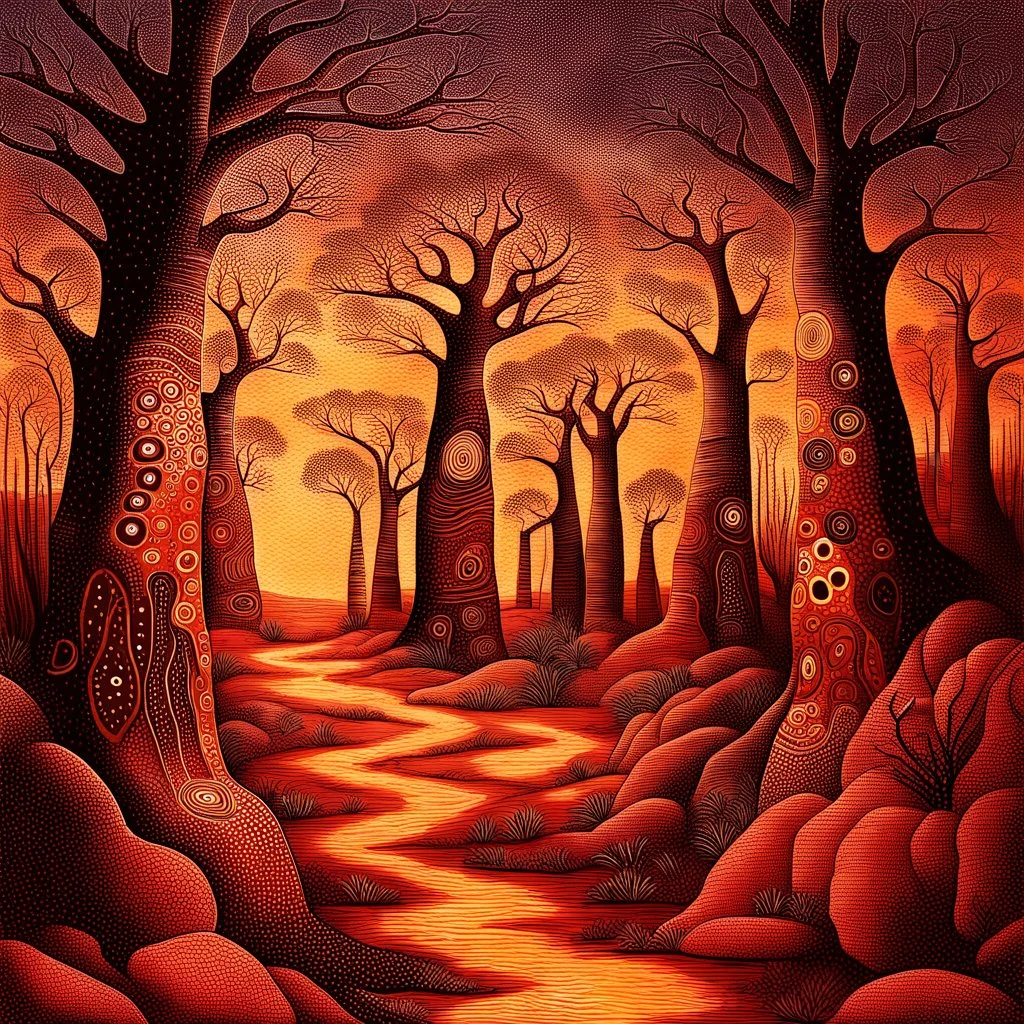 Aboriginal art of Boab Tree in the Australian outback, earthy colours of dark reds and browns , Aboriginal patterns and dots and symbols