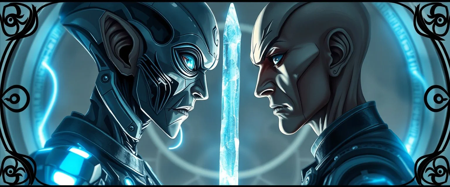 Close-up confrontation between an ancient alien outcast leader synth and a space broker, standing only a meter apart, intense eye contact, glowing crystalline rod between them, anger mixed with sadness, dramatic facial expressions, shallow depth of field, cinematic lighting, stylized 3D anime, airbrush painting, crisp outlines, , rembrandt , black swirly border with sacred geometry, characters drawn in front of border