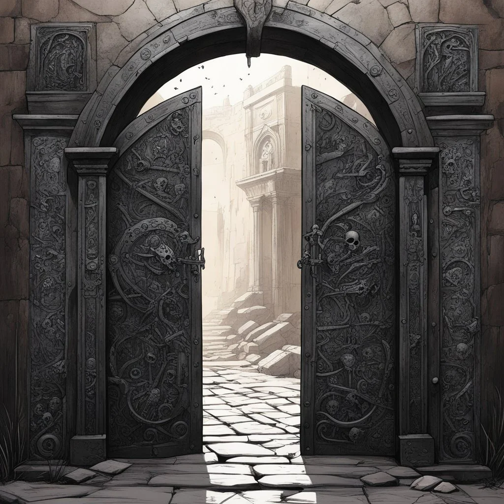 [illustration by Grzegorz Rosiński] Ahead, an archway of fused bone and skulls frames an ancient iron door etched with strange, angular sigils. The air smells of old blood and something… burnt.