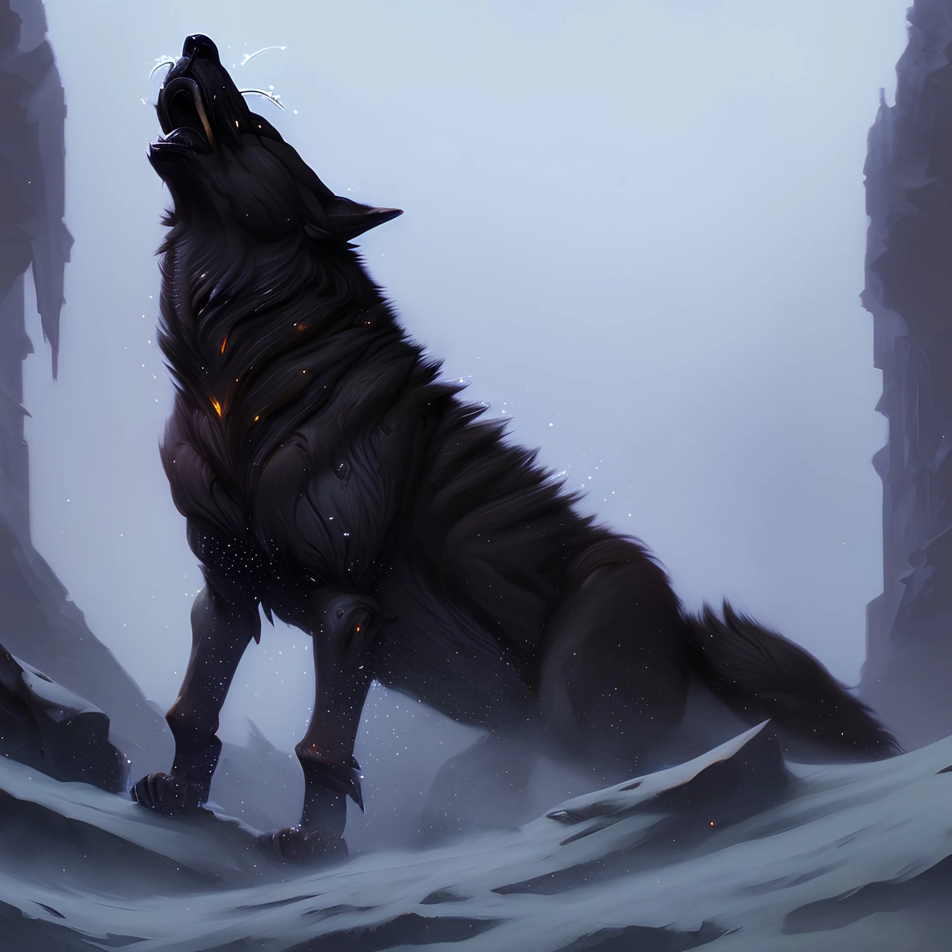 five Dark wolfs pack, detailed matte painting, deep color, fantastical, intricate detail, splash screen, complementary colors, fantasy concept art, 8k resolution trending on Artstation, use only dark colors.