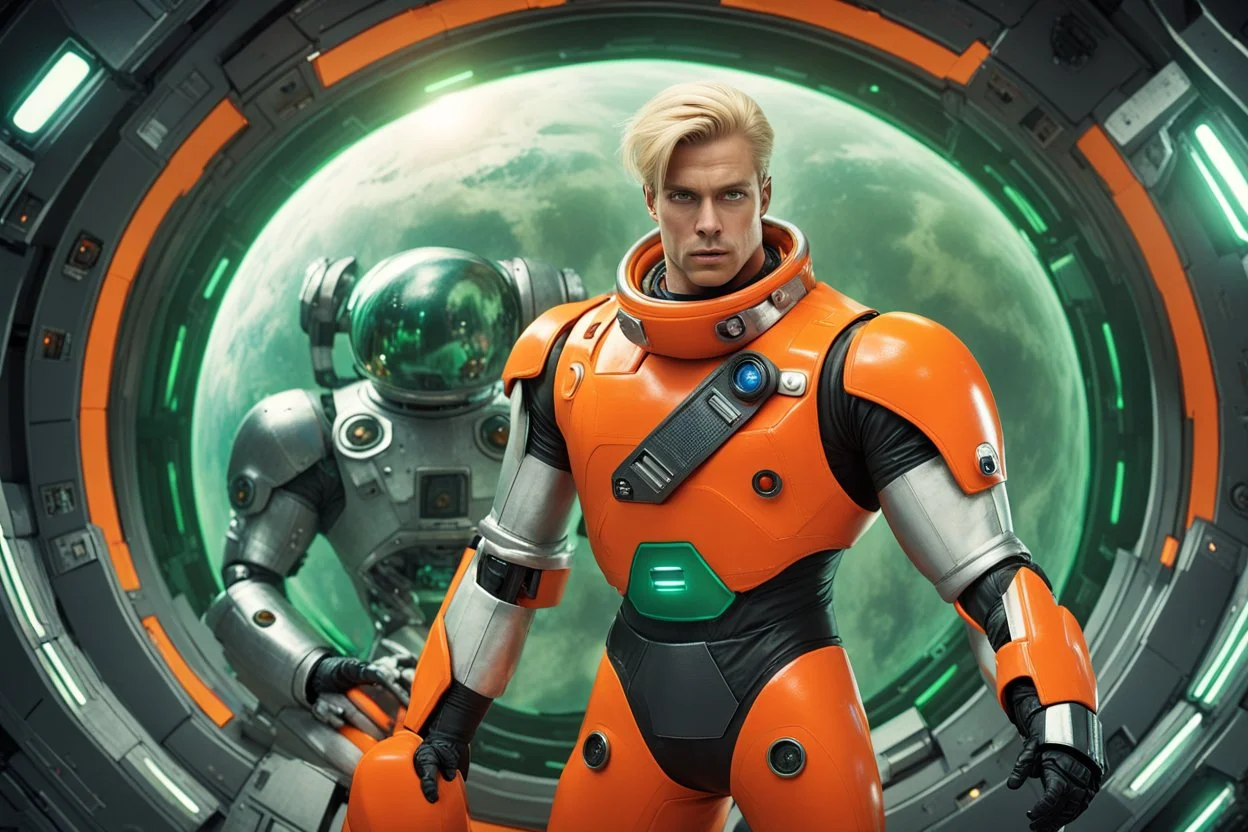 Create a vintage-style sci-fi image featuring a muscular male character with blond hair and a determined expression, dressed in a form-fitting, orange space suit with black belt, standing on a green, disc-shaped spacecraft. In close combat with a large, silver humanoid robot that has visible joint segments, round head, a flat face with two large circular eyes, and a small round mouth. The robot's right hand is raised while its left hand is gripping the protagonist's right forearm. The human char