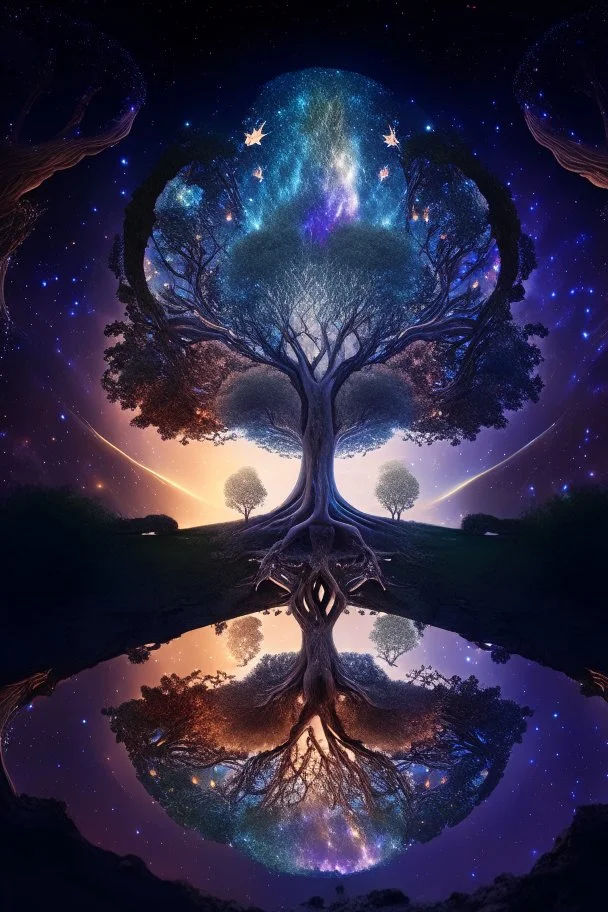 Cosmic Mirror Tree, A Spiritual Nexus Bridging Heaven, Earth, and the Universe, 4k, high resolution