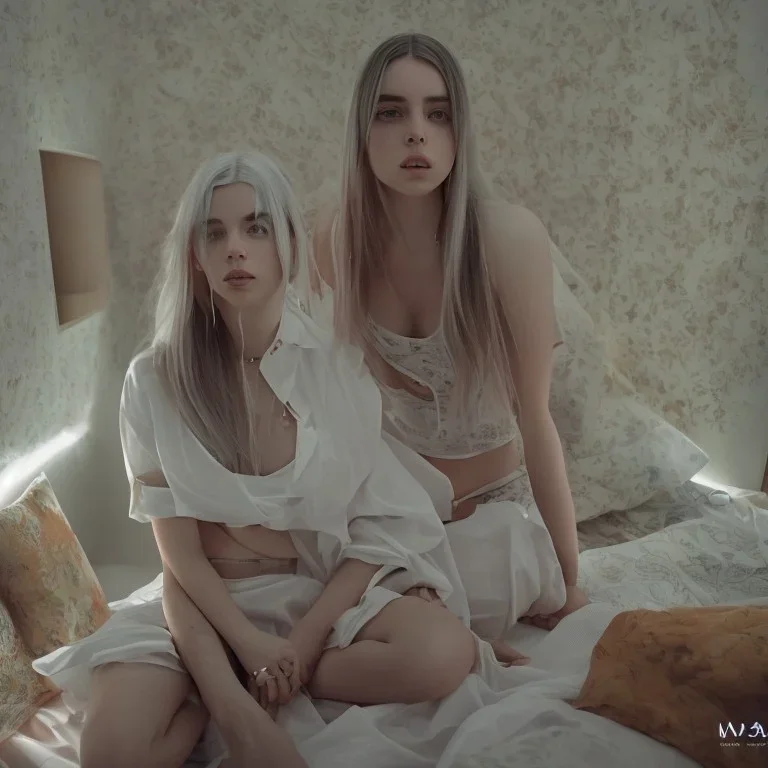 Billie Eilish, full body, on the bed, in my underwear, pale skin, high detail, realistic, 8k, not to be distinguished from a photo, identical pupils