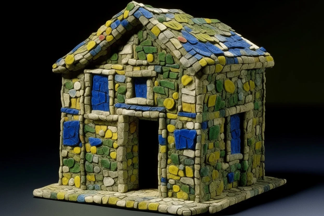 A green house made out of spongy material designed in ancient Greek mosaics painted by Jean Dubuffet