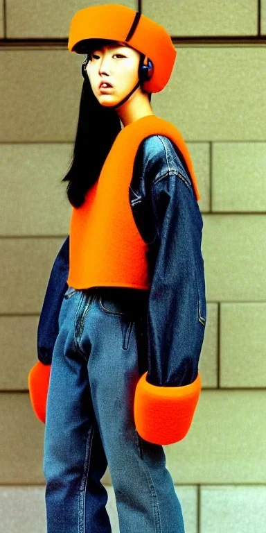 Korean, modern, beautiful woman, black hair. thick thigh, thick calves. Style futurism, 1990's, rough street style.Mantle is sewed of recycled Denim and sewed together red felt pieces.Big headphones, with gold rings, is merged with small felt cap with small visor. A bag is integrated to the mantle. Patterns are composed of orange, cream, blue, lilac and purple. blue latex somewhere. It is with big bright purple felt tippet and cream-colored-hood. mantle is merged with tippet.