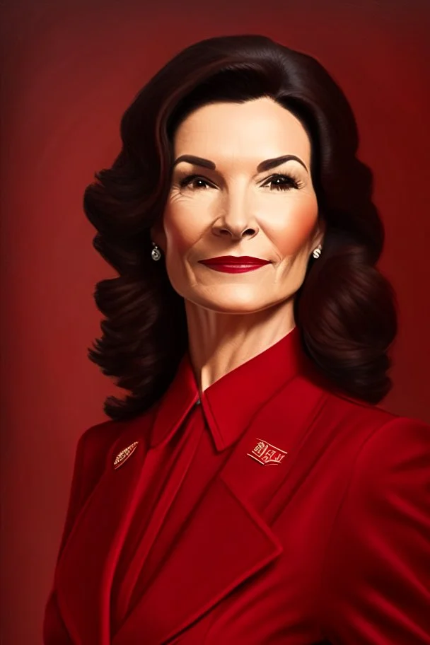 Portrait of a woman in red power suit and dark brown hair. she looks like a mayor