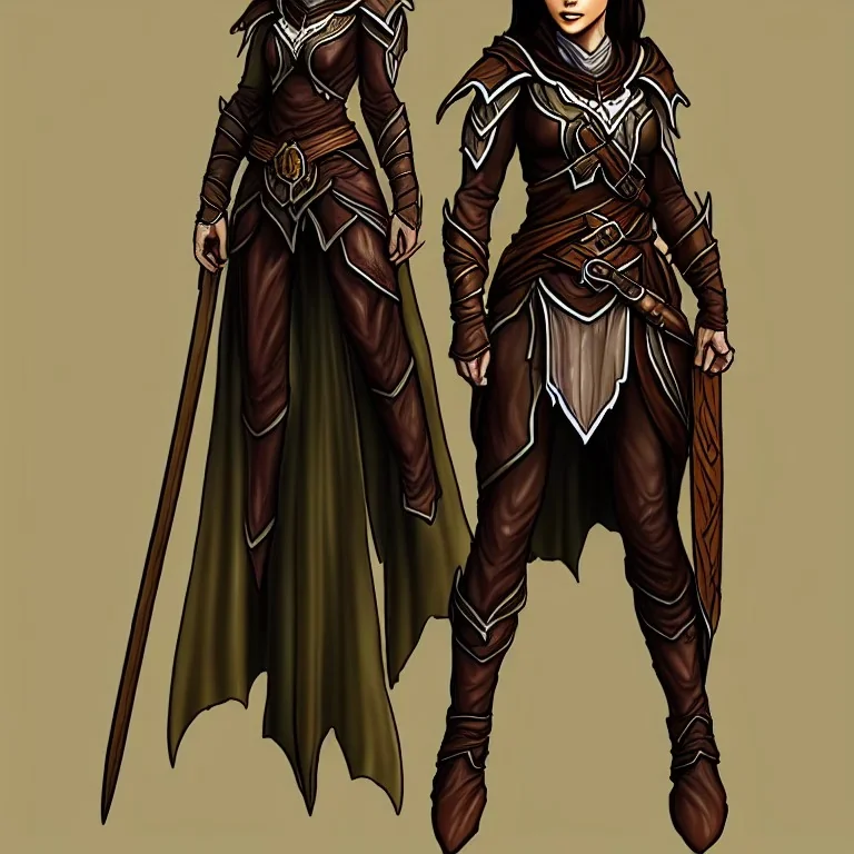 dungeons and dragons, female wood elf, druid, brown hair, brown eyes, full body, realistic face, short hair, large nose, closed mouth, leather armor, dark skin, one person, blue scarf