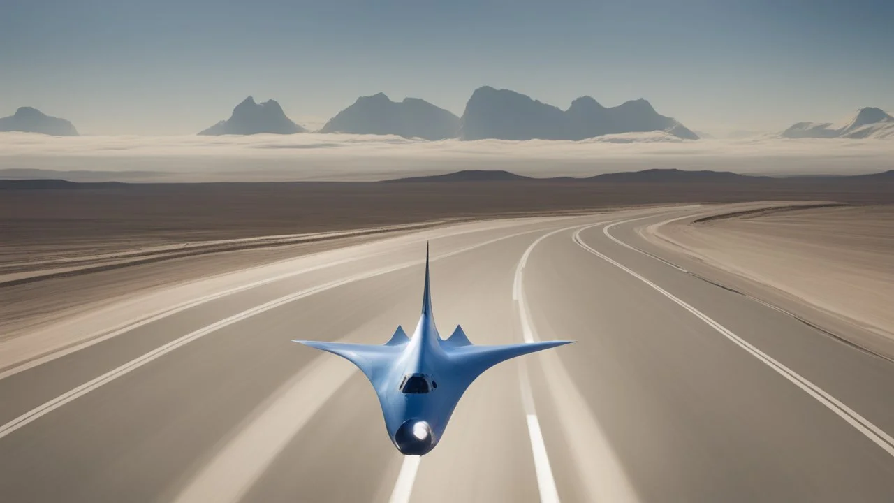 A Spacecraft, shaped like a passenger jet, without wings, hovering above a road, blue sky, white clouds