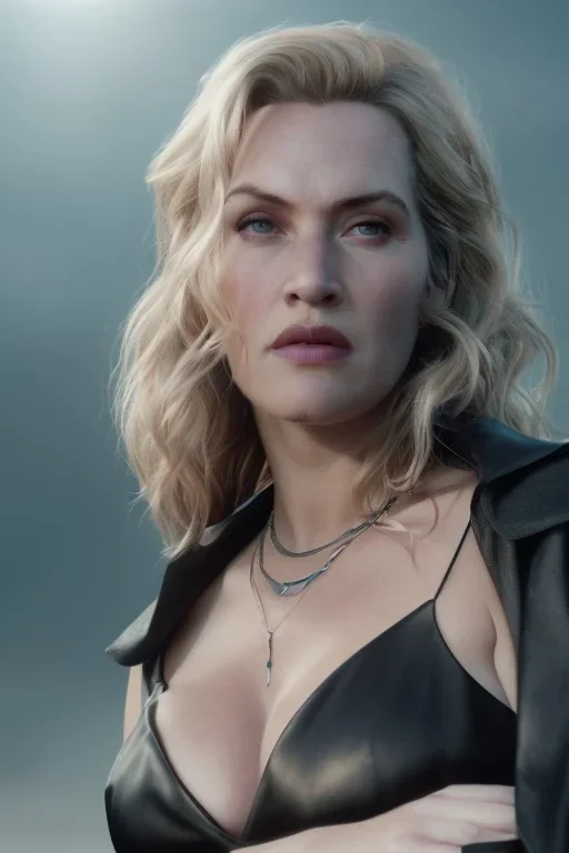 Kate Winslet as evil queen in black leather gown, cleavage, angry, stern look unreal 5, octane render,cinema4d, dynamic lighting, dramatic lighting, 4k, redshift render, highly detailed, hyper realistic