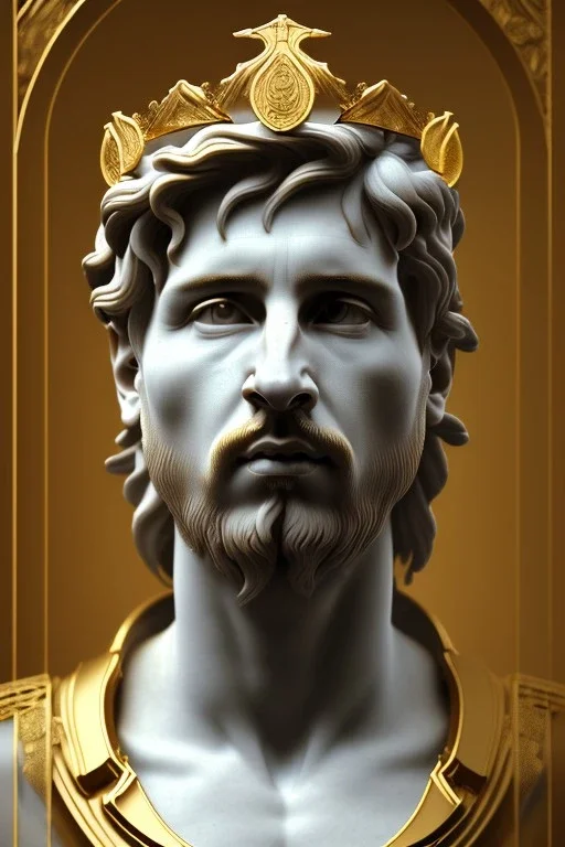 Ultra Realistic image, classical renaissance sculpture, white marble material, Lionel Messi, emperor style, gold Laurel leaves crown, chisel style, waist up portrait, epic, celestial, cinematic lighting, God light, god rays, 4k resolution, smooth details, ornate details, soft lighting, unreal engine 5, marble background.