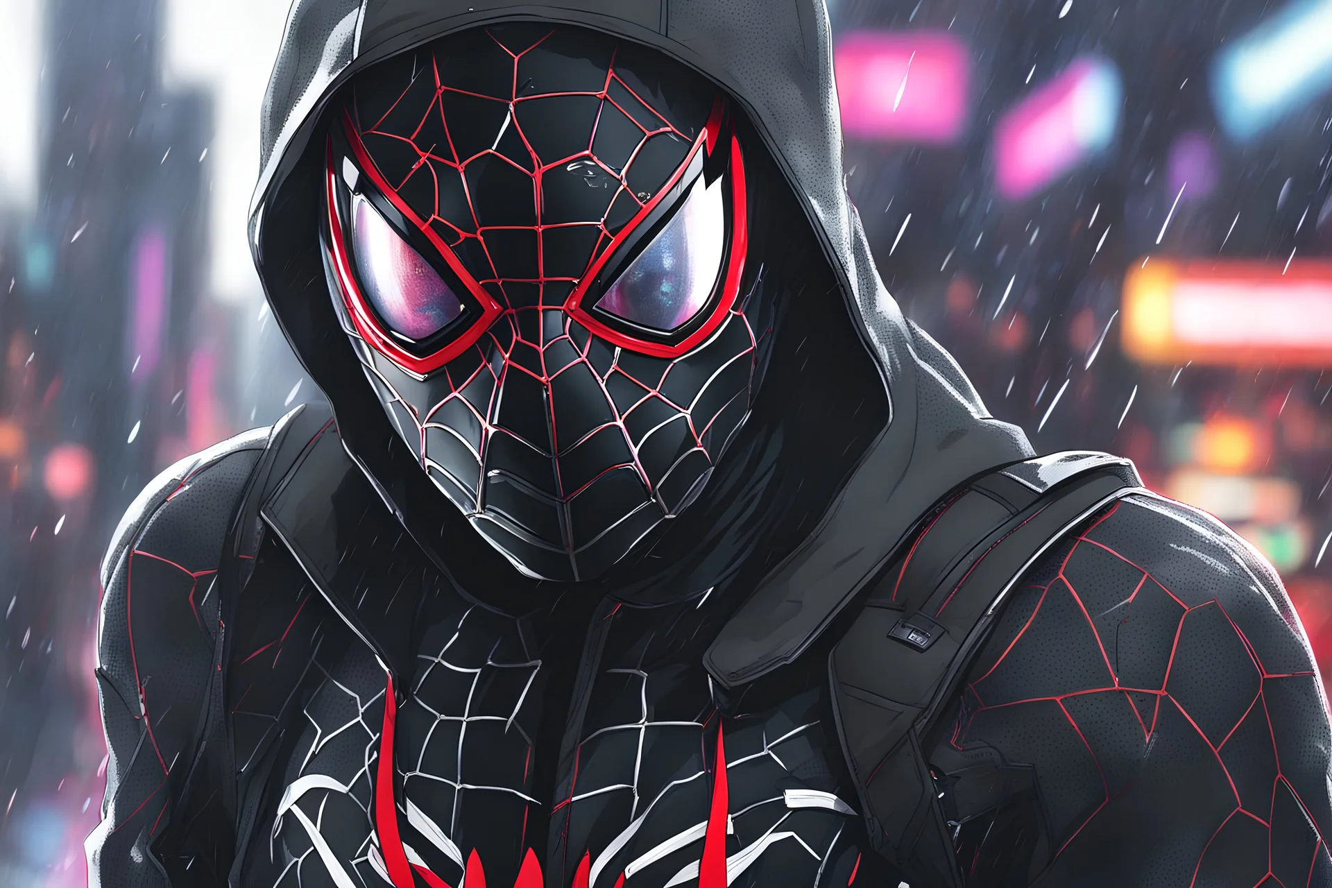 Miles morales in 8k nier automata drawing style, venom them, cinematic mood, neon effect, close picture, rain, highly detailed, high details, detailed portrait, masterpiece,ultra detailed, ultra quality
