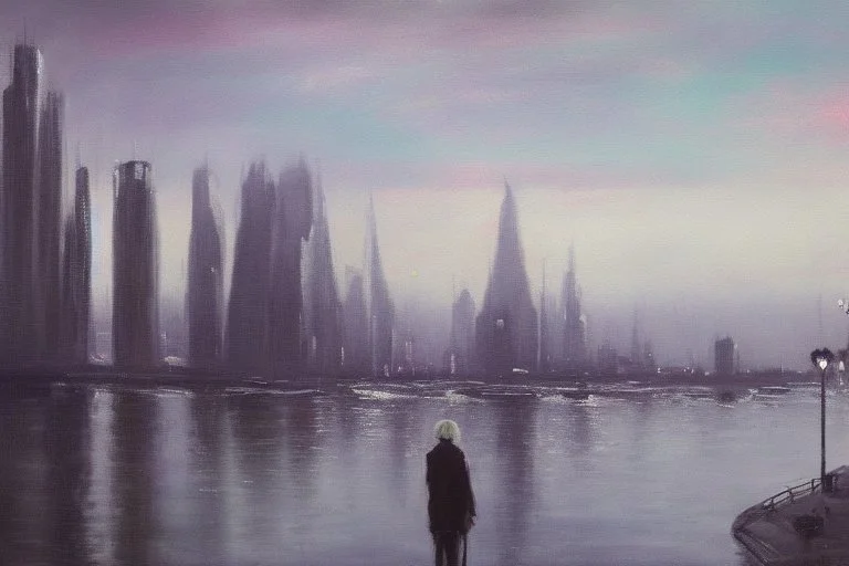 Futuristic city, people, lake, sci-fi, epic, philip wilson steer influence, hd, realistic painting