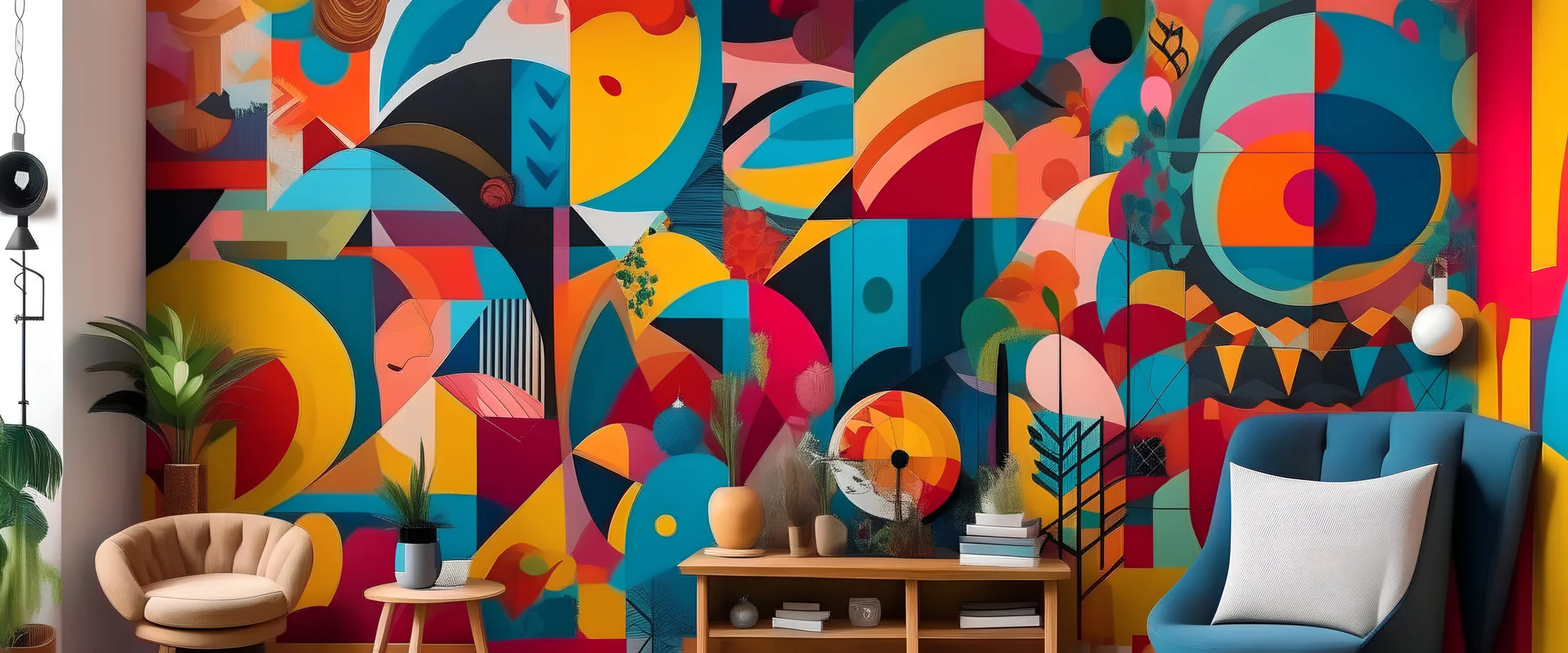 Generate a mural resembling a colorful collage, featuring an eclectic mix of shapes that come together to create a visually stimulating composition.