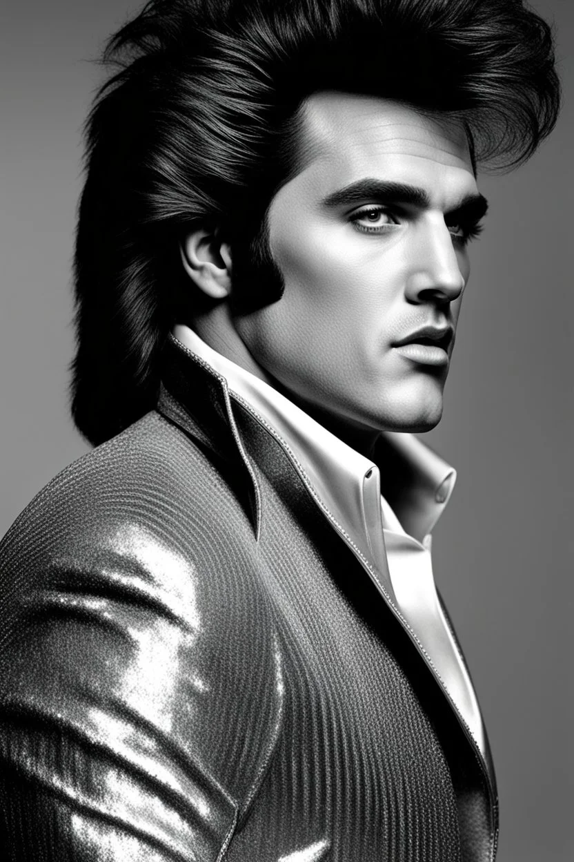 What Elvis Presley would look like if he were in a 1980s, big hair, glam rock band that wears facial makeup and crazy costumes