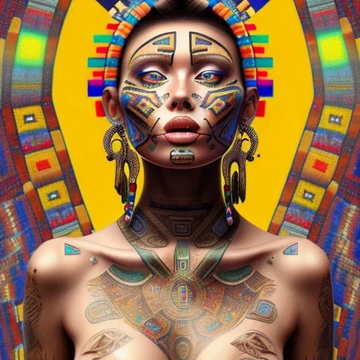 dibujo al oleo de cuerpo entero de mujer tribal Azteca bella con tatuajes estilo Gustav Klimt 4k