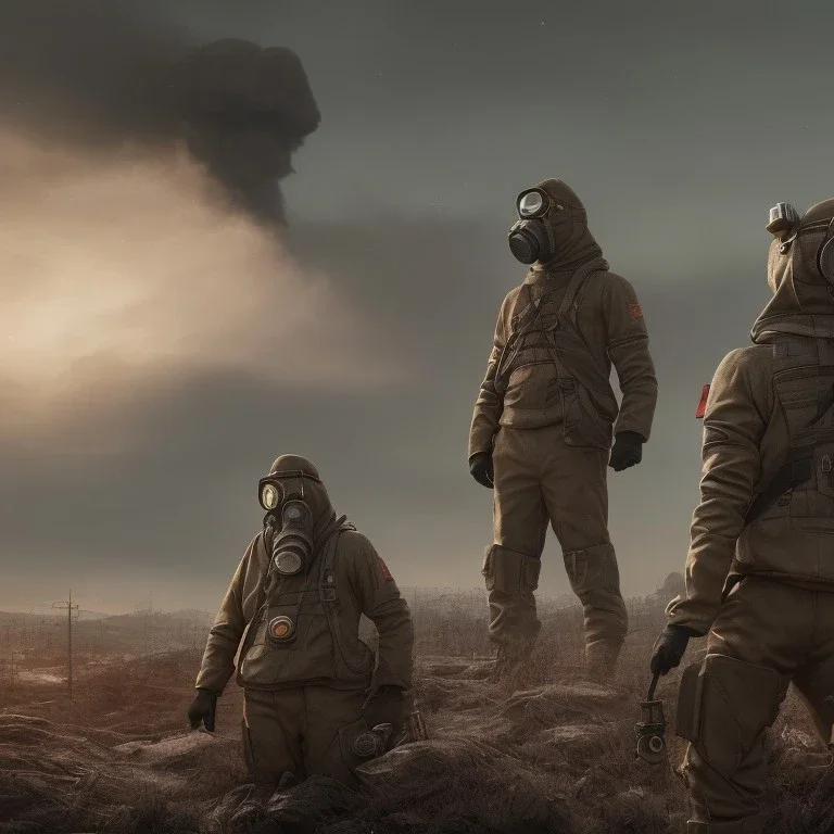 3 hommes en uniformes russes 2022, masque à gaz noir, 4k, réaliste, paysage dévasté, explosion nucléaire en fond, missile dans le ciel, couleurs vives