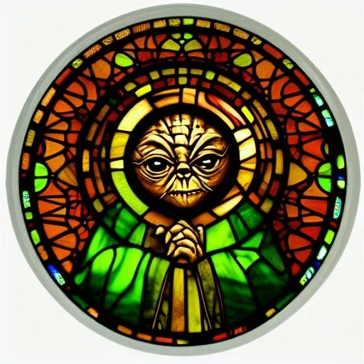 round coaster of yoda with stained glass window effect, highly detailed, intricate, warm colors, stained glass window, glossy from rain, warm lighting, dramatic lighting