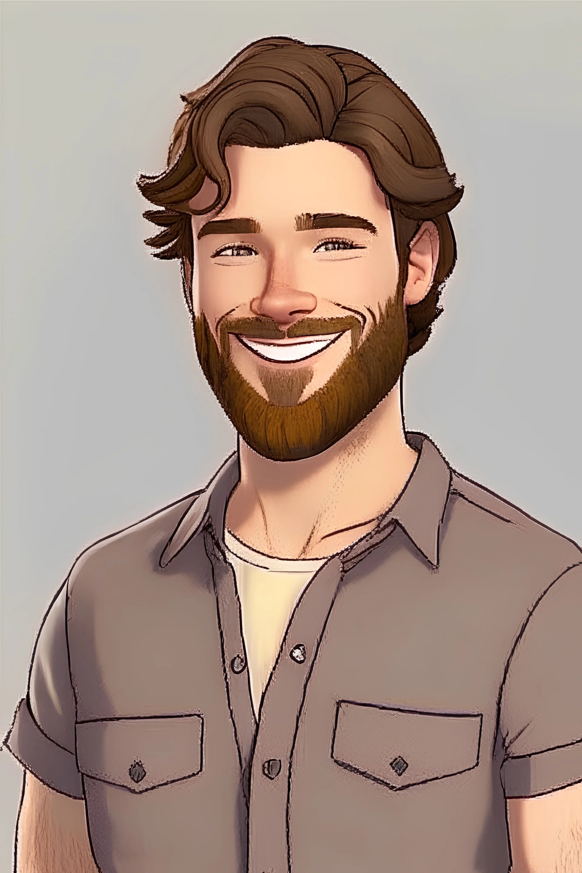 Michael Anderson, a 25 year old single father with approachable demeanor that instantly puts people at ease. With a short, well-groomed beard and kind hazel eyes, he exudes a sense of care and patience. His wavy, light brown hair is often kept tidy but shows signs of his dynamic and creative lifestyle. Michael's smile is infectious, and it brightens up his face whenever he interacts with his children or anyone around him. He's often seen wearing comfortable yet stylish cloth