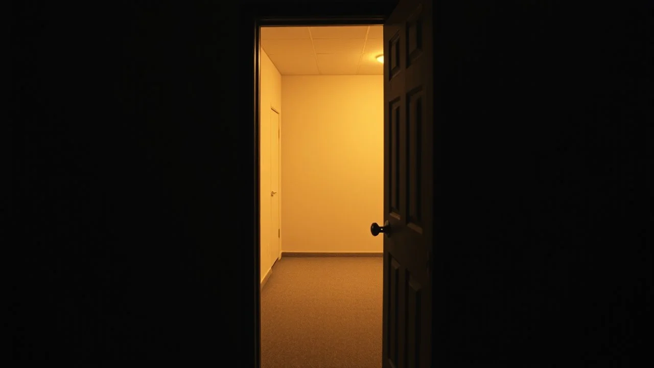 motel door slightly open, dim light inside, empty room, grainy candid photograph, documentary style