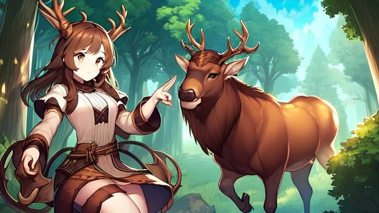 Girl and doy, forest, , deer hoof foot, brown hair,, deer face,hoof hand