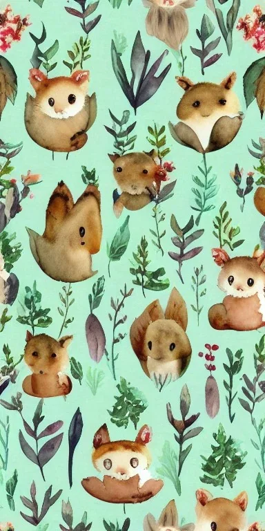 exquisite whimsical woodland watercolor, delicate woodland, cute, adorable, linen backdrop, repeating pattern