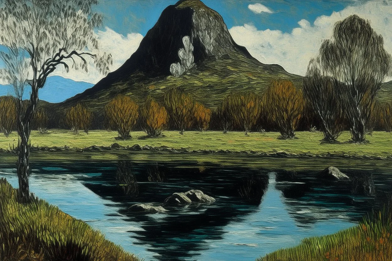 A dark grayish brown mountain with tar pits designed in Navajo woven art painted by Claude Monet