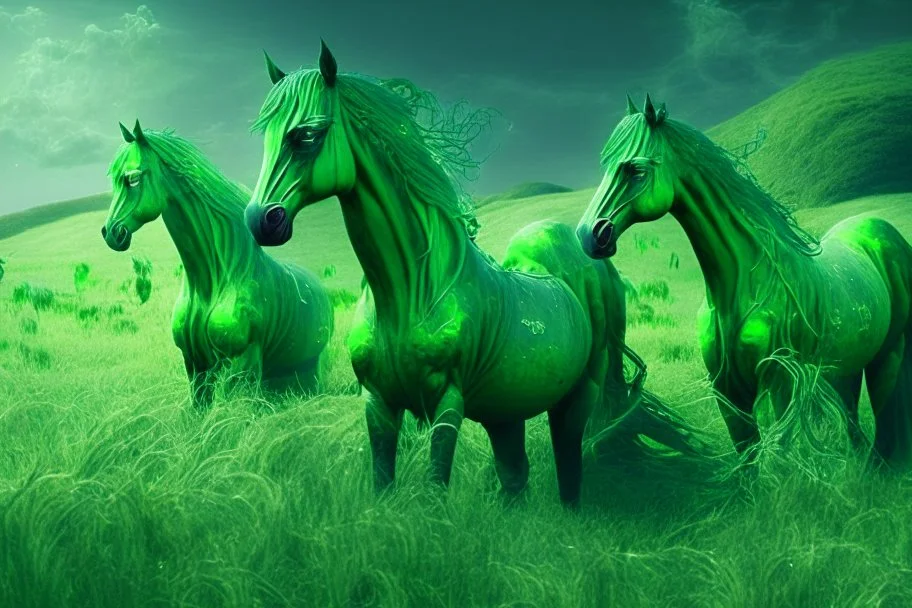 fantasy magical green horses in a field