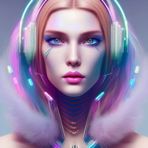 A beautiful portrait of a cute cyberpunk woman long blond hair, pink lips, blue eyes, high key lighting, volumetric light high details with luminous blue and white stripes and feathers