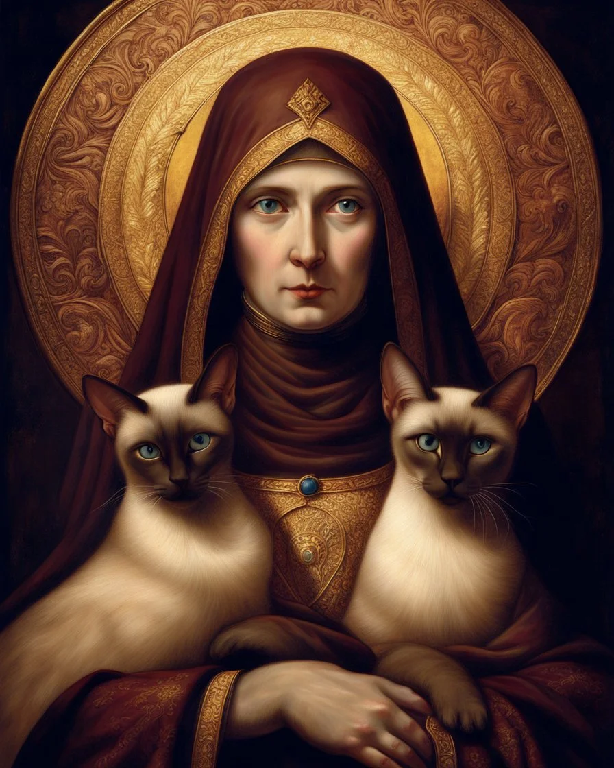 hauntingly illuminated medieval portrait of Saint Gertrude of Nivelles, her serene yet commanding presence radiating from the gilded frame as if stepping through time. Dressed in flowing 7th-century abbess robes of deep burgundy and gold, she cradles two sinuous Oriental Shorthair chocolate point Siamese cats like sacred relics—their piercing blue eyes glowing like sapphires against velvety sepia fur, their angular faces turned toward her with feline reverence. One paw rests on her embroidered s