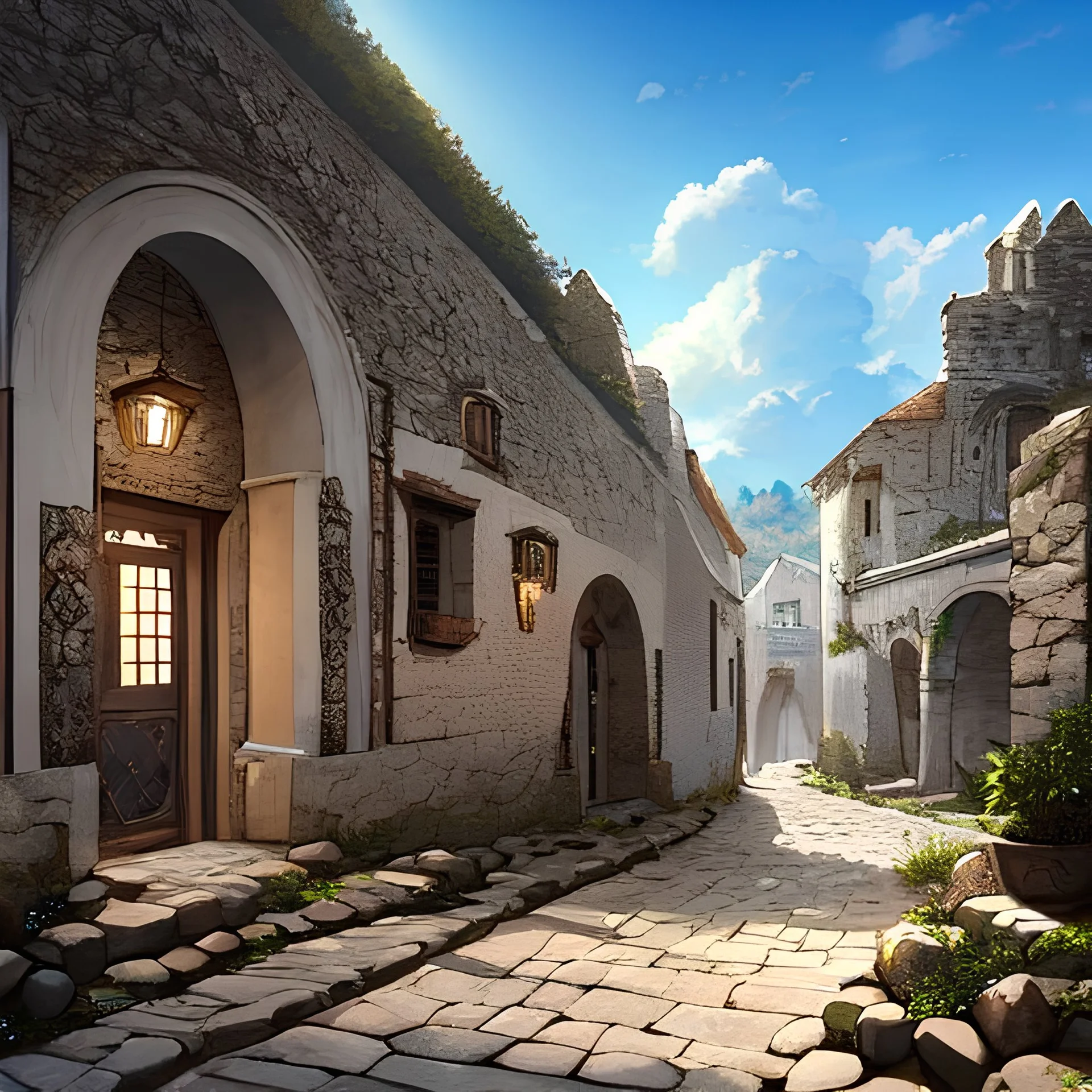 a path in Thira, Greece, cobblestone pavement, bright sunny day with clouds, hyper realistic, detailed, accurate, beautifully ornamented houses, open aperture, style Isabel Kreitz