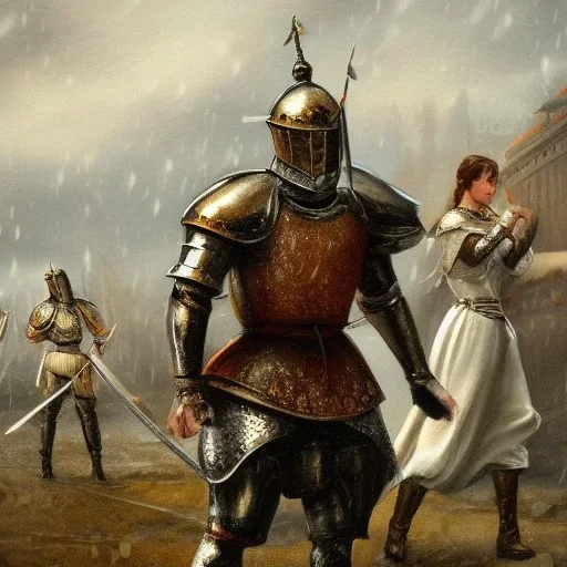 Princess standing. A knight ready to fight. A princes with white dress bowing down. With heavy armor, sword. Realistic details. Crowd in the distance. Guard. Raining cold rain