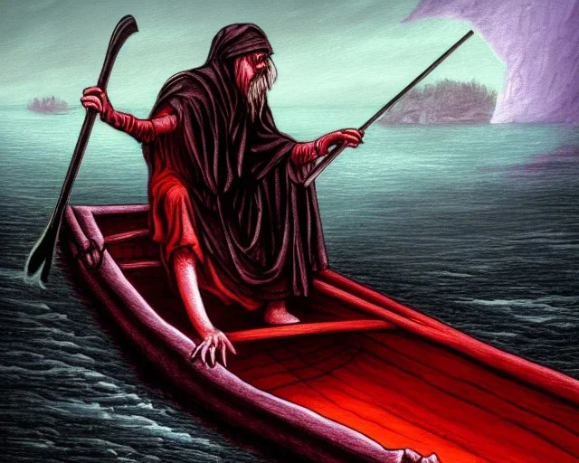 Charon the ferryman in his boat on the river Styx, red black purple colours, 8k, high definition, fantasy art, winding river, sharp jagged rocks, high contrast colours, sharp detail,