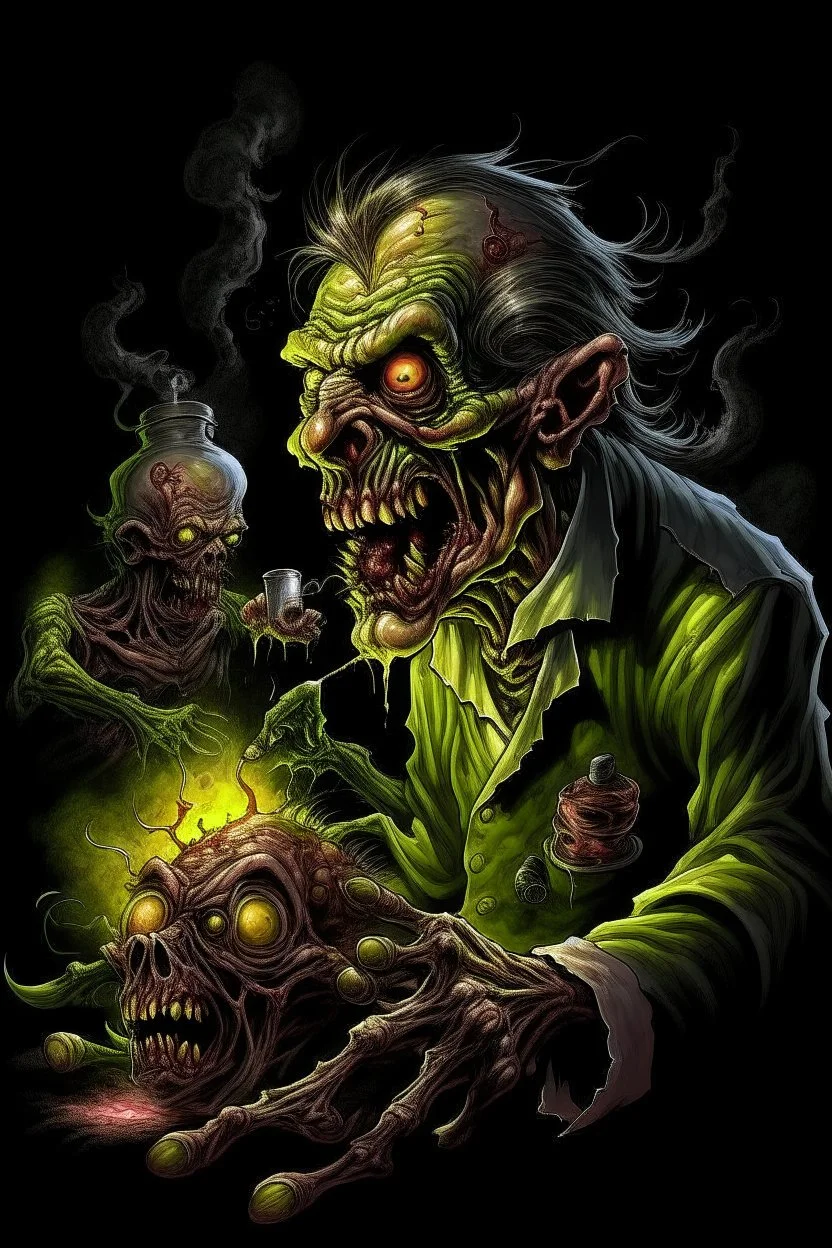 High_Quality_Art Digital Painting of Science experiment Horror Cronenberg Monster zombie creature by Richard Corben, Todd Schorr, T-Shirt Design, Black Background,