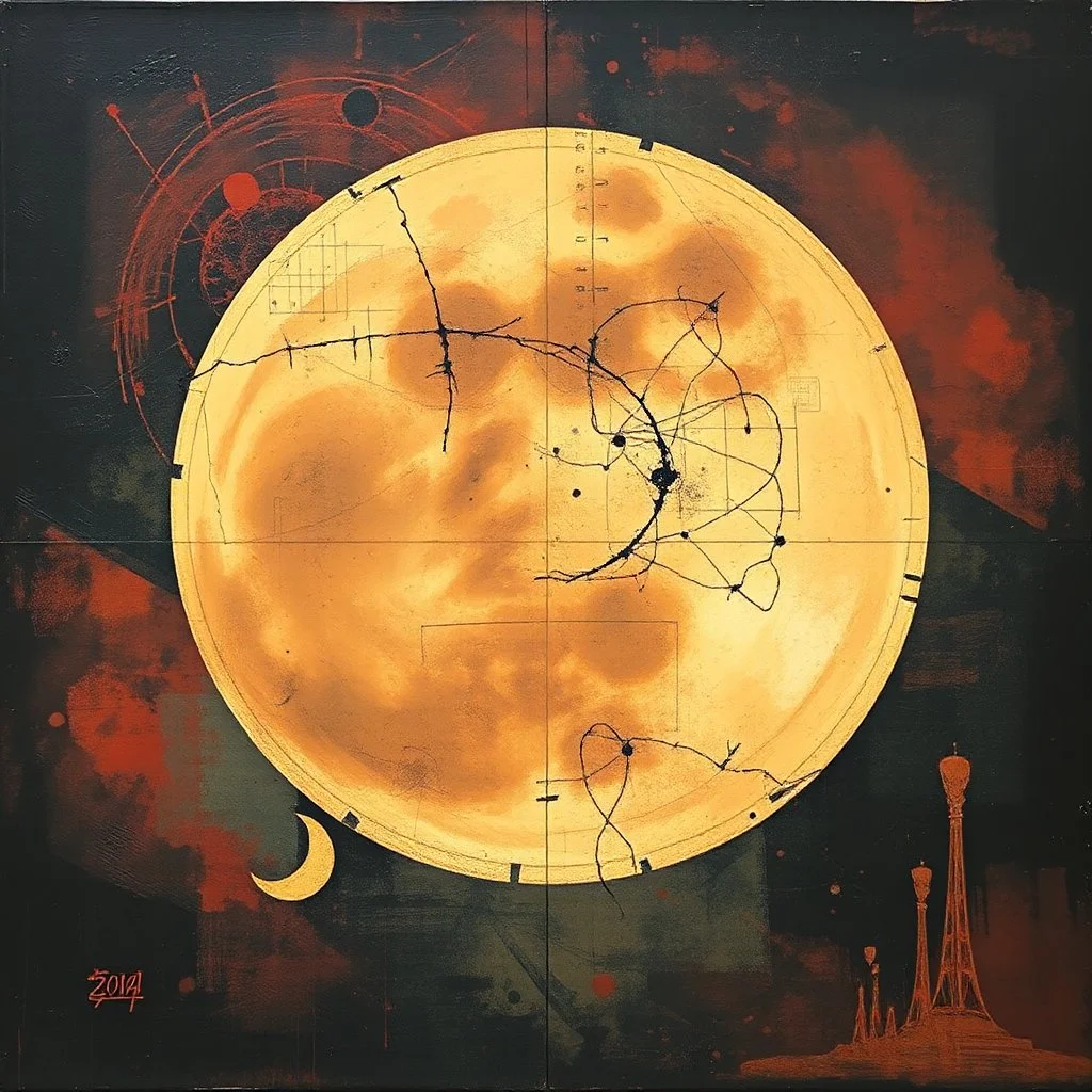 occult moon corrupts THE SKY, abstract art, by Tracey Adams, by Graham Sutherland, by Petros Afshar, asymmetric