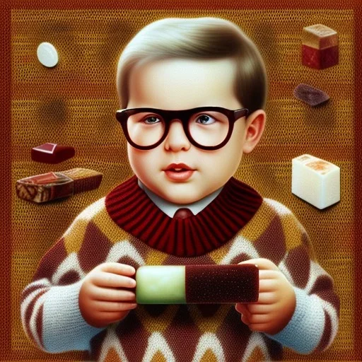 Peter billingsley chubby kid Tortoise-shell glasses, Holding a ((dark red soap bar)) in his hand, brown argyle sweater on canvas