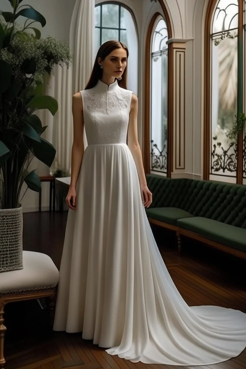 A simple white wedding dress that is very long and at the bottom decorated with lace