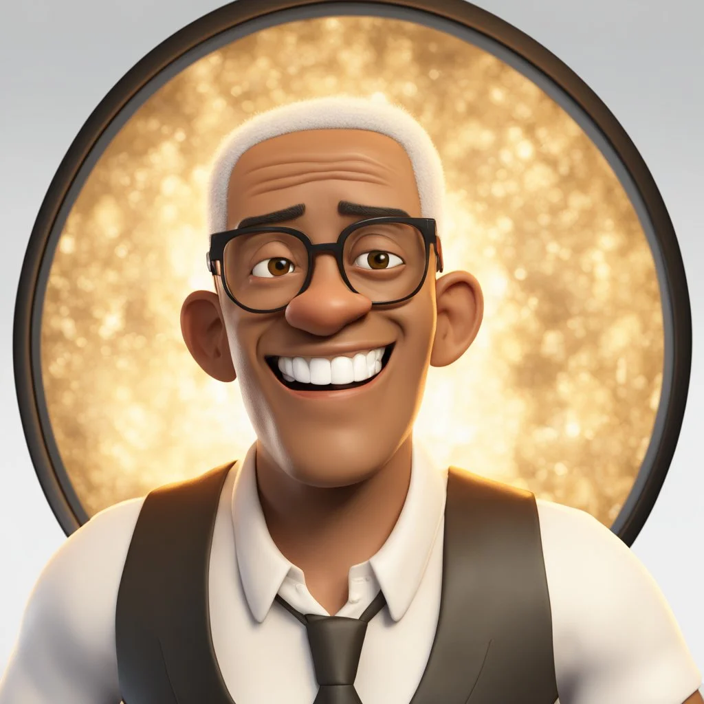 a portrait of smiling man. caricature. black rare hair. fair brown skin. black eye pupils. circle eyeglasses, thin gold frame. rectangle face shape. white shirt with black vest. pixar style. 3D. 4k. portrait. highly detailed. sharp focus. high resolution. full color. cinema lighting