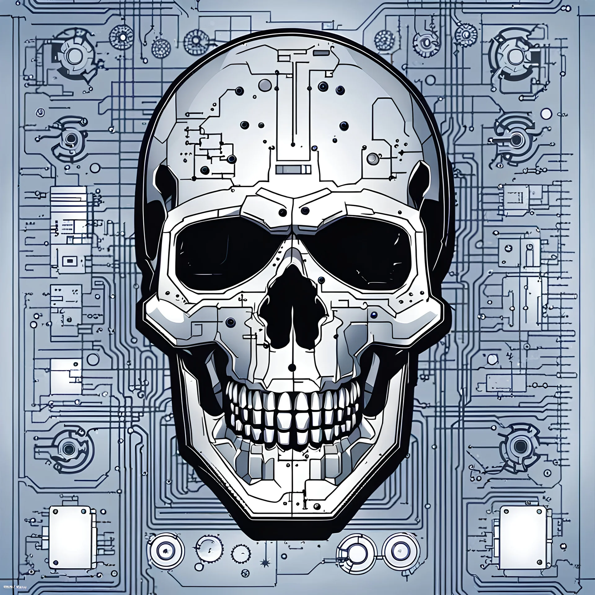 FLAT VECTOR LAYERED IMAGE OF CYBERNETIC SKULL PARTS IN A SCHEMATIC