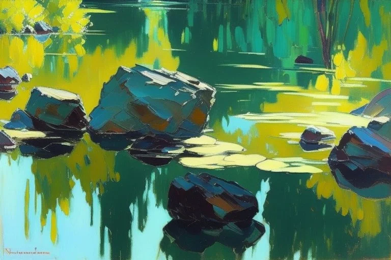 exoplanet, water reflection, rocks, vegetation, konstantin korovin painting